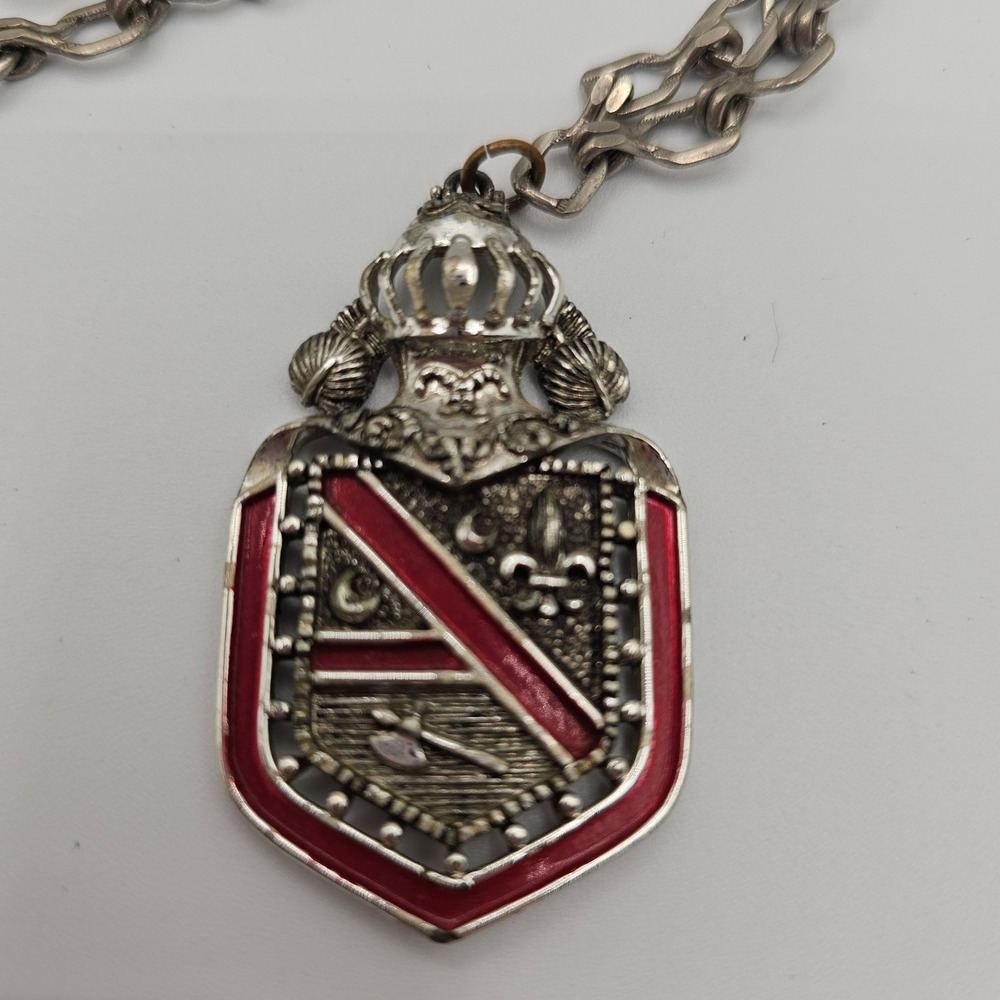 Medieval Style Crest Shield Pendant Necklace Heraldic Silver Tone Red Crown - Picture 5 of 10